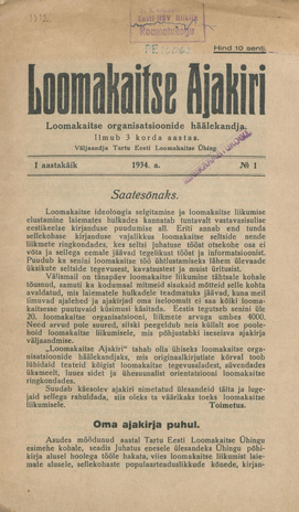 Loomakaitse Ajakiri ; 1 1934