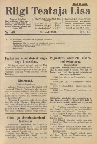 Riigi Teataja Lisa : seaduste alustel avaldatud teadaanded ; 40 1931-05-22