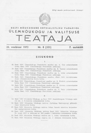 Eesti Nõukogude Sotsialistliku Vabariigi Ülemnõukogu ja Valitsuse Teataja ; 8 (325) 1972-02-25