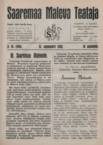 Saaremaa Maleva Teataja ; 14 (244) 1939-09-15