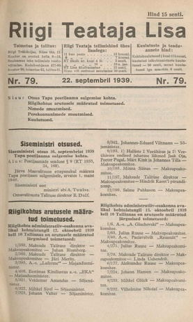 Riigi Teataja Lisa : seaduste alustel avaldatud teadaanded ; 79 1939-09-22