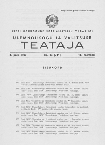 Eesti Nõukogude Sotsialistliku Vabariigi Ülemnõukogu ja Valitsuse Teataja ; 24 (741) 1980-07-04