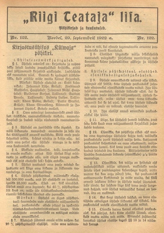 Riigi Teataja Lisa : seaduste alustel avaldatud teadaanded ; 122 1922-09-29