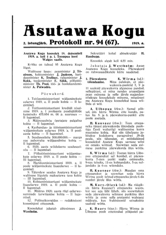 Asutawa Kogu protokoll nr.94 (67) (18. detsember 1919)