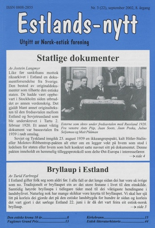 Estlands-nytt : allment tidsskrift for Estlands-interesserte ; 3 (22) 2002-09