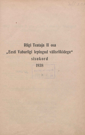 Riigi Teataja. Eesti Vabariigi lepingud välisriikidega ; sisukord 1938