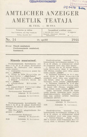 Ametlik Teataja. III osa = Amtlicher Anzeiger. III Teil ; 14 1944-04-21