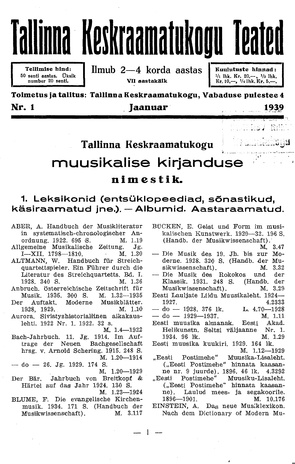 Tallinna Keskraamatukogu Teated ; 1 1939-01