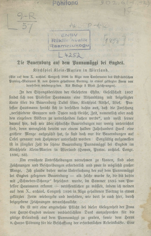Die Bauernburg auf dem Punnamäggi bei Engdes. Kirchspiel Klein-Marien in Wierland : ein auf dem X. archäol. Congress 1896 in Riga vom ... 