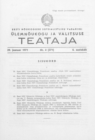 Eesti Nõukogude Sotsialistliku Vabariigi Ülemnõukogu ja Valitsuse Teataja ; 4 (271) 1971-01-29