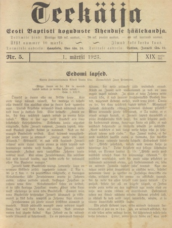 Teekäija : Eesti Baptisti Koguduse Ühenduse häälekandja ; 5 1923-03-01