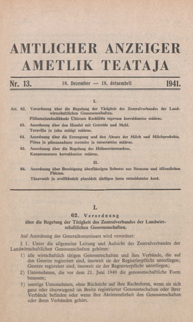 Ametlik Teataja. I/II osa = Amtlicher Anzeiger. I/II Teil ; 13 1941-12-18