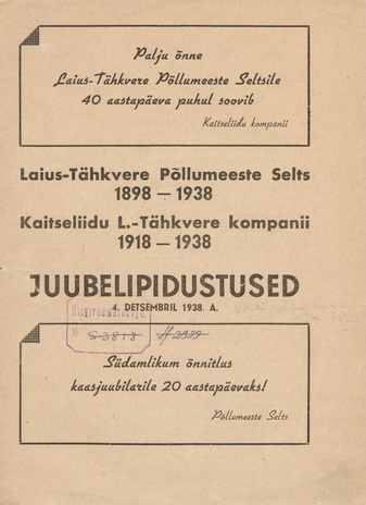 Laius-Tähkvere Põllumeeste Selts 1898-1938, Kaitseliidu L.-Tähkvere kompanii 1918-1938 : juubelipidustused 4. dets. 1938. a. 