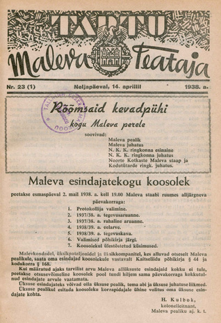 Tartu Maleva Teataja ; 23 (1) 1938-04-14