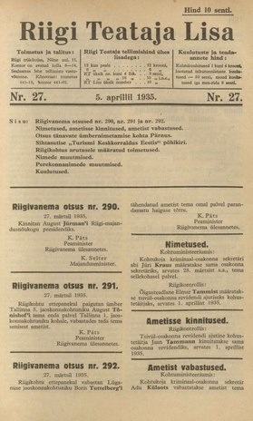 Riigi Teataja Lisa : seaduste alustel avaldatud teadaanded ; 27 1935-04-05