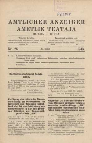 Ametlik Teataja. III osa = Amtlicher Anzeiger. III Teil ; 26 1943-06-25