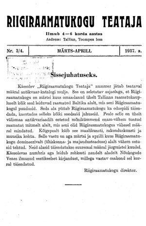Riigiraamatukogu Teataja ; 3-4 1937-03/04