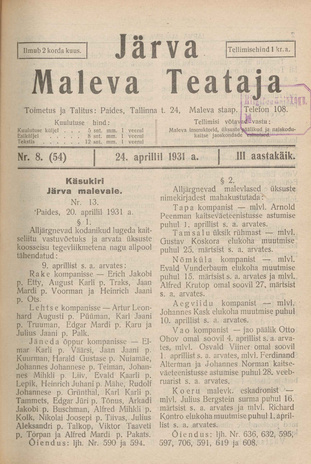 Järva Maleva Teataja ; 8 (54) 1931-04-24