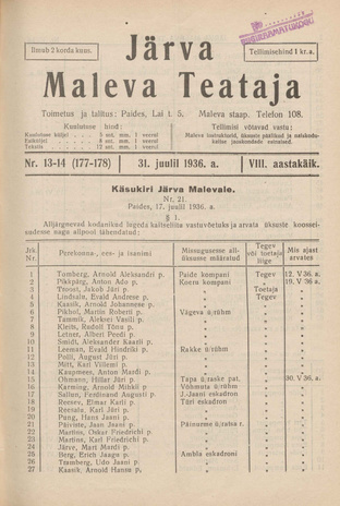Järva Maleva Teataja ; 13-14 (177-178) 1936-07-31