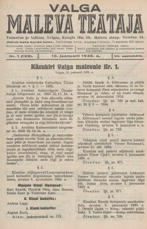 Valga Maleva Teataja ; 1 (129) 1935-01-10