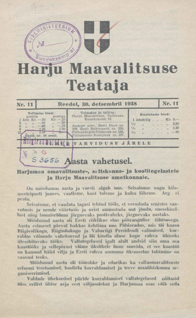 Harju Maavalitsuse Teataja ; 11 1938-12-30