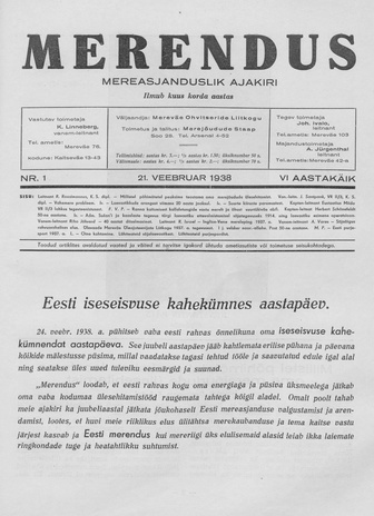Merendus : mereasjanduslik ajakiri ; 1 1938
