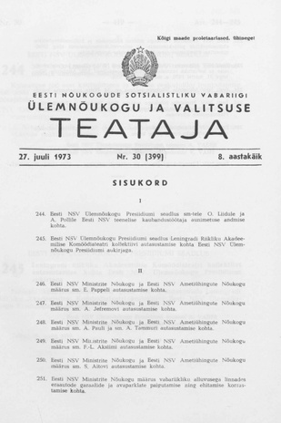 Eesti Nõukogude Sotsialistliku Vabariigi Ülemnõukogu ja Valitsuse Teataja ; 30 (399) 1973-07-27