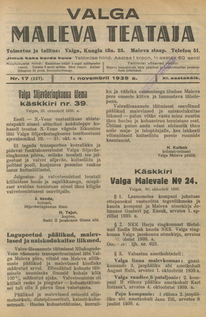 Valga Maleva Teataja ; 17 (227) 1939-11-01