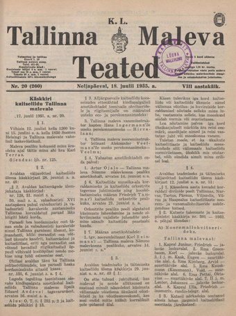 K. L. Tallinna Maleva Teated ; 20 (260) 1935-07-18