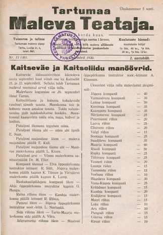 Tartumaa Maleva Teataja ; 15 (40) 1930-09-01