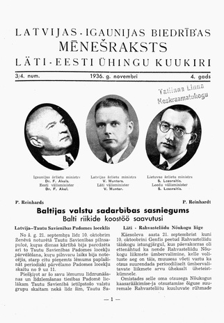 Läti-Eesti Ühingu kuukiri = Latvijas-Igaunijas Biedribas meneðraksts ; 3/4 1936-11