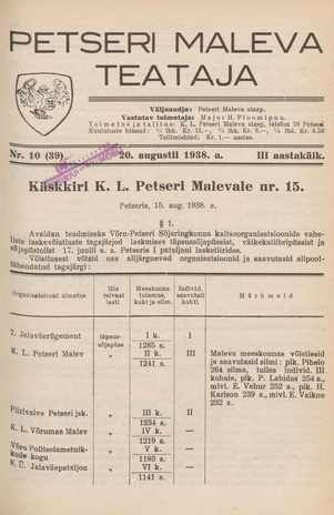 Petseri Maleva Teataja ; 10 (39) 1938-08-20