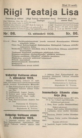 Riigi Teataja Lisa : seaduste alustel avaldatud teadaanded ; 86 1939-10-13