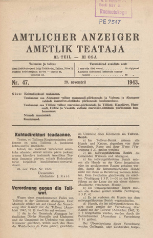 Ametlik Teataja. III osa = Amtlicher Anzeiger. III Teil ; 47 1943-11-29