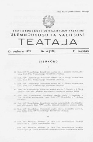 Eesti Nõukogude Sotsialistliku Vabariigi Ülemnõukogu ja Valitsuse Teataja ; 6 (526) 1976-02-13