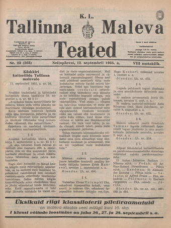 K. L. Tallinna Maleva Teated ; 23 (263) 1935-09-12