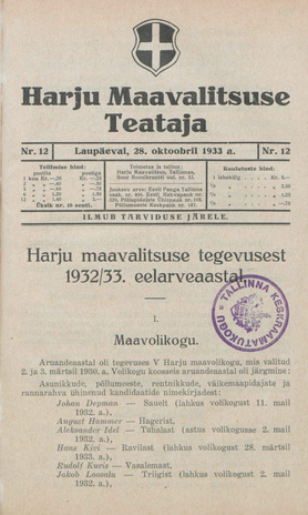 Harju Maavalitsuse Teataja ; 12 1933-10-28