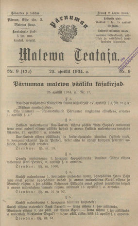 Pärnumaa Maleva Teataja ; 9 (122) 1934-04-25