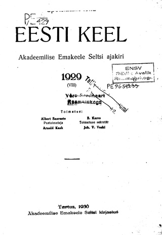 Eesti Keel ; sisukord 1929