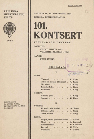 Tallinna Meestelaulu Selts : 101. kontsert : 13. novembril 1937 "Estonia" kontsertsaalis : juhatab Joh. Tamverk ...