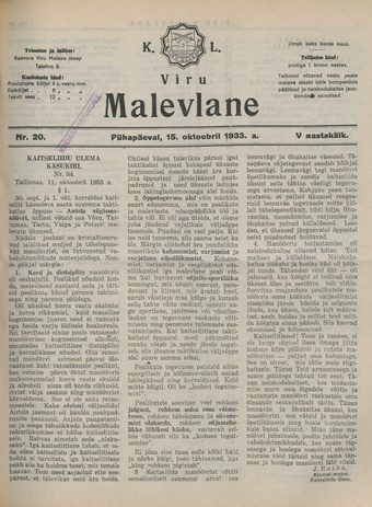 K. L. Viru Malevlane ; 20 1933-10-15