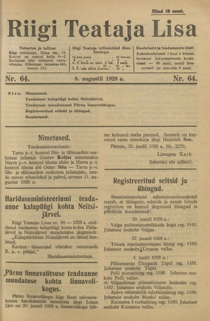 Riigi Teataja Lisa : seaduste alustel avaldatud teadaanded ; 64 1928-08-08