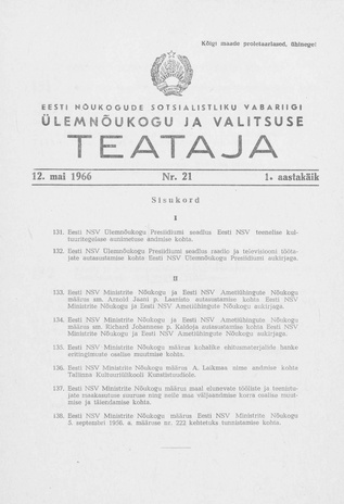 Eesti Nõukogude Sotsialistliku Vabariigi Ülemnõukogu ja Valitsuse Teataja ; 21 1966-05-12