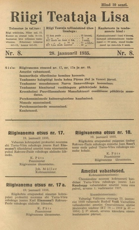 Riigi Teataja Lisa : seaduste alustel avaldatud teadaanded ; 8 1935-01-28