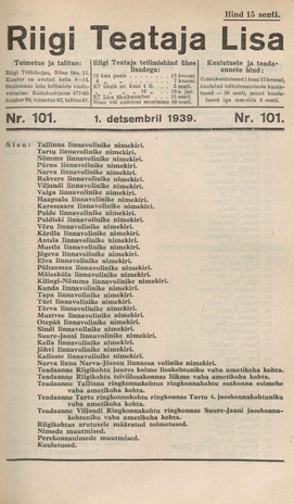 Riigi Teataja Lisa : seaduste alustel avaldatud teadaanded ; 101 1939-12-01