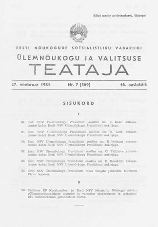 Eesti Nõukogude Sotsialistliku Vabariigi Ülemnõukogu ja Valitsuse Teataja ; 7 (569) 1981-02-27