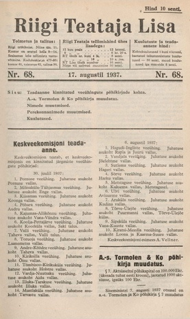 Riigi Teataja Lisa : seaduste alustel avaldatud teadaanded ; 68 1937-08-17