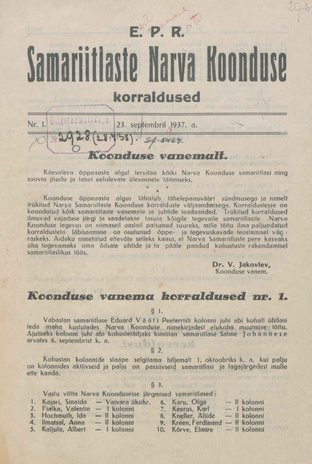 EPR Samariitlaste Narva Koonduse korraldused ; 1 1937-09-23