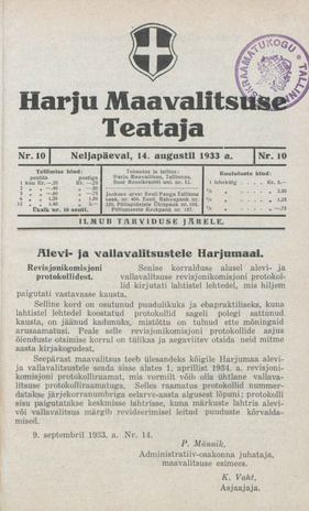 Harju Maavalitsuse Teataja ; 10 1933-08-14