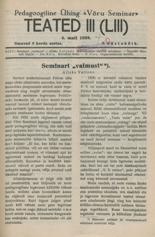 Pedagoogiline Ühing "Võru Seminar" : teated ; III (XLIII) 1938-05-04